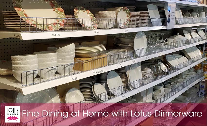 Lotus Market - Fine Dining at Home with Lotus Dinnerware - Dinnerware on display, logo and texts.