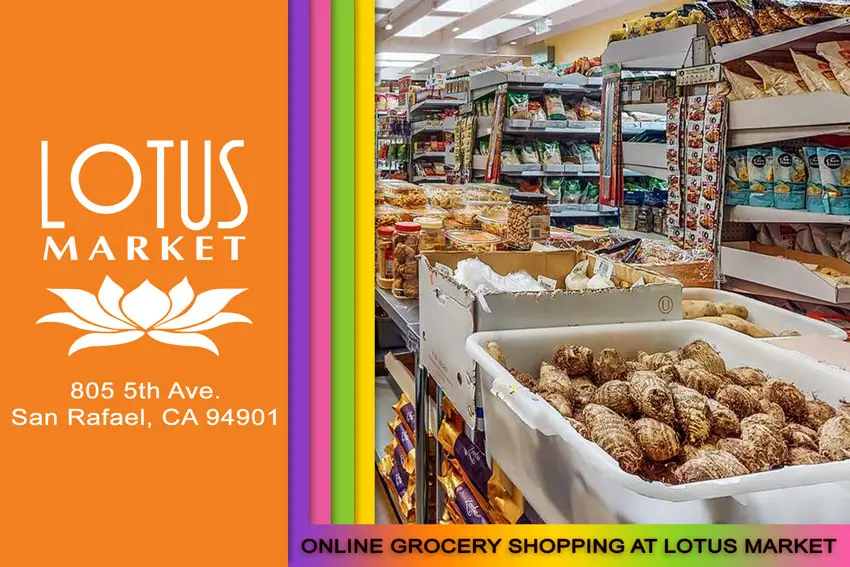 Online Grocery Shopping at Lotus Market - Lotus Market interior, logo and texts.